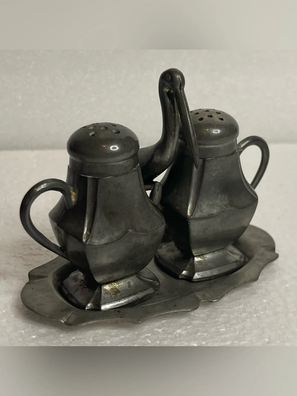 VTG Old Colonial Genuine Pewter Salt And Pepper Shakers Tray Stork Crane Handle